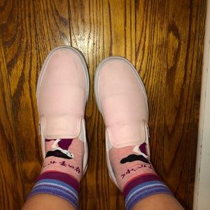 worn but loved baby pink slip on vans